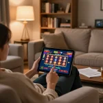 Player engaging with 888NOW online casino platform on tablet in cozy living room, highlighting fictional gaming strategy.