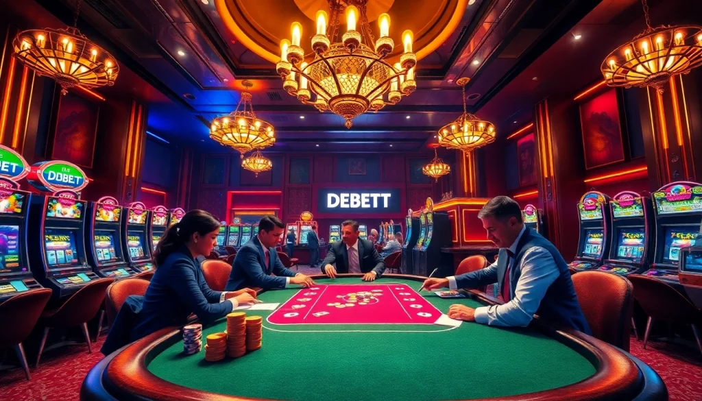 Experience the thrill of gambling with DEBET in a luxurious casino setting, featuring poker tables and colorful chips.