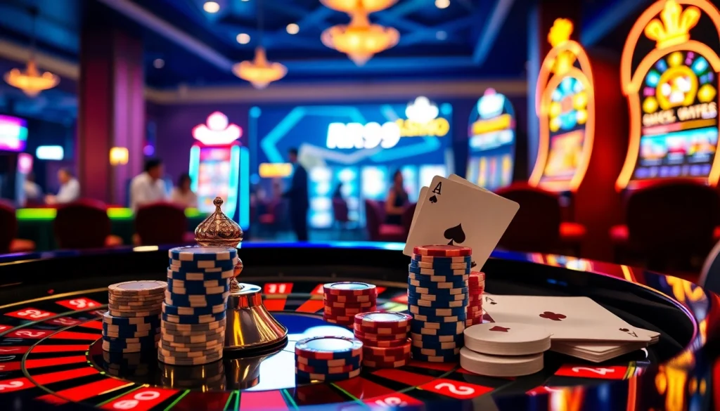 Experience RR99 online gaming with vibrant roulette and poker elements in an elegant casino setting.