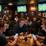 Fans actively placing bets on bgd33 mobile app in a lively sports bar with multiple screens.