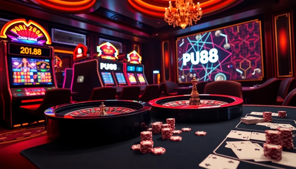 Experience the thrill of PUB88 with vibrant slot machines and a spinning roulette wheel.