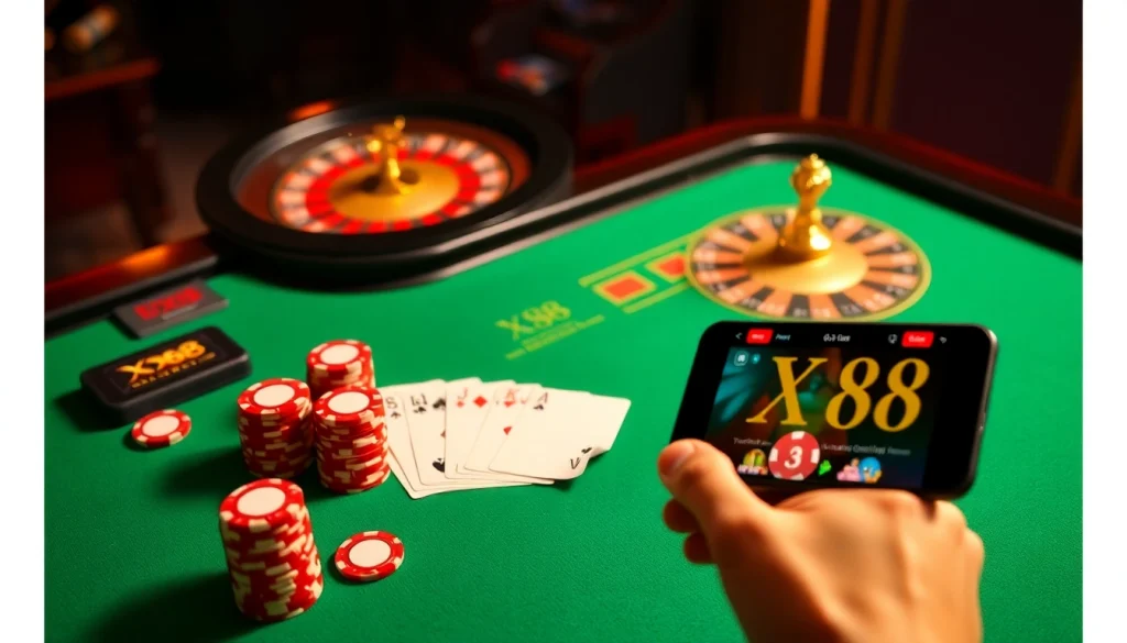 Experience the thrilling gaming action at XX88, with vibrant cards and chips on a stylish casino table.