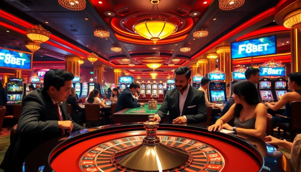 Experience thrilling gameplay at F8BET's luxurious casino tables with vibrant lights and exciting action.
