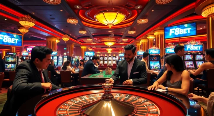 Experience thrilling gameplay at F8BET's luxurious casino tables with vibrant lights and exciting action.