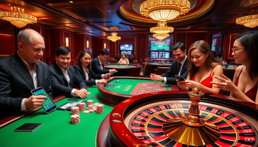 Experience the thrill of betting at GG88 with luxurious tables and engaging players in a vibrant casino setting.