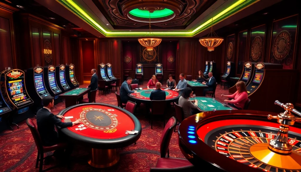 Exciting players enjoying various games at 888NEW online casino with vibrant casino tables and slot machines.