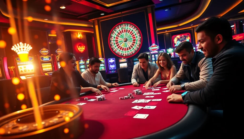 Players enjoying a thrilling poker game at 58WIN casino, with vibrant poker chips and cards.