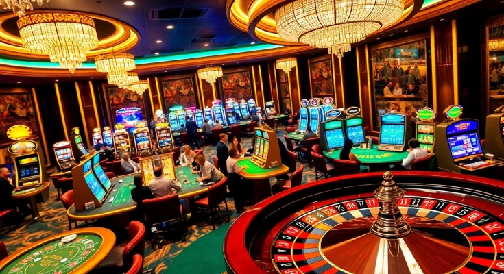 Experience the excitement of gambling at 789P with vibrant casino tables and slot machines.