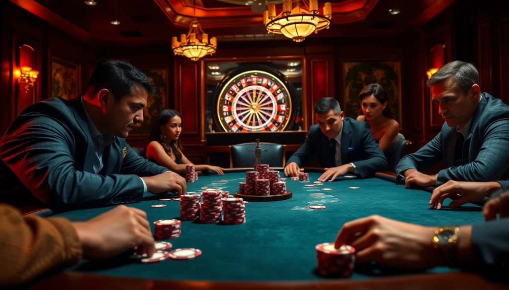 Experience thrilling poker action at KK55 with vibrant chips and intense players around a luxurious table.