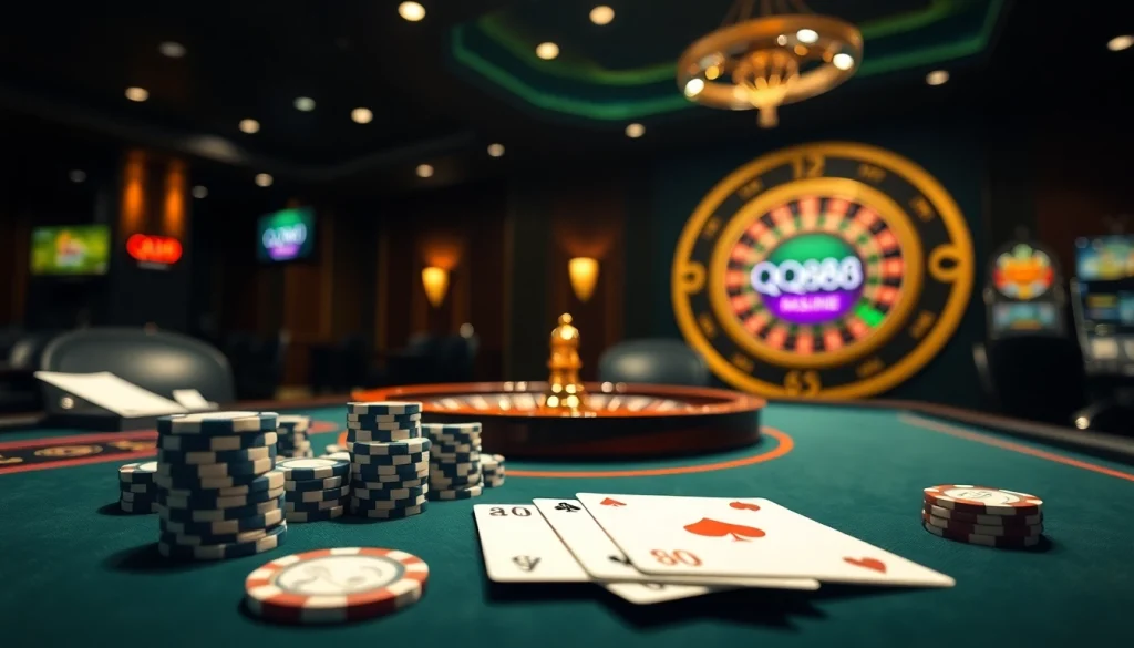 Experience the excitement of QQ88 with a high-stakes poker table and glamorous casino ambiance.