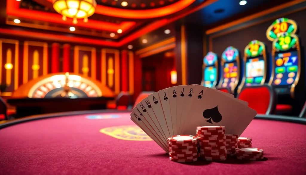 Engage in thrilling gameplay at nhà cái vn88 with luxurious poker tables and vibrant casino visuals.