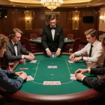 Engaged players strategy at XX88 poker table in an elegant casino.