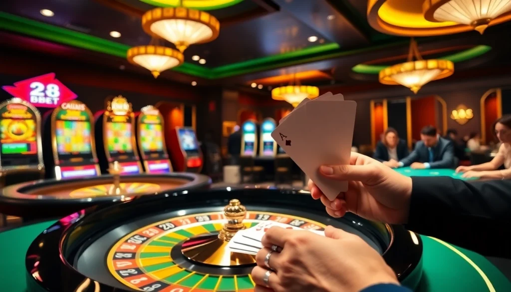 Bet big at 28BET with a thrilling casino scene featuring roulette, chips, and cards.