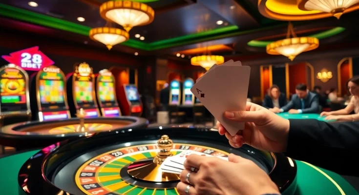 Bet big at 28BET with a thrilling casino scene featuring roulette, chips, and cards.