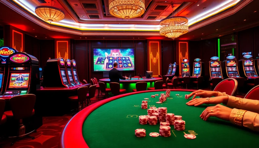 Win55 casino scene featuring vibrant slot machines and a professional card dealer engaged with players.