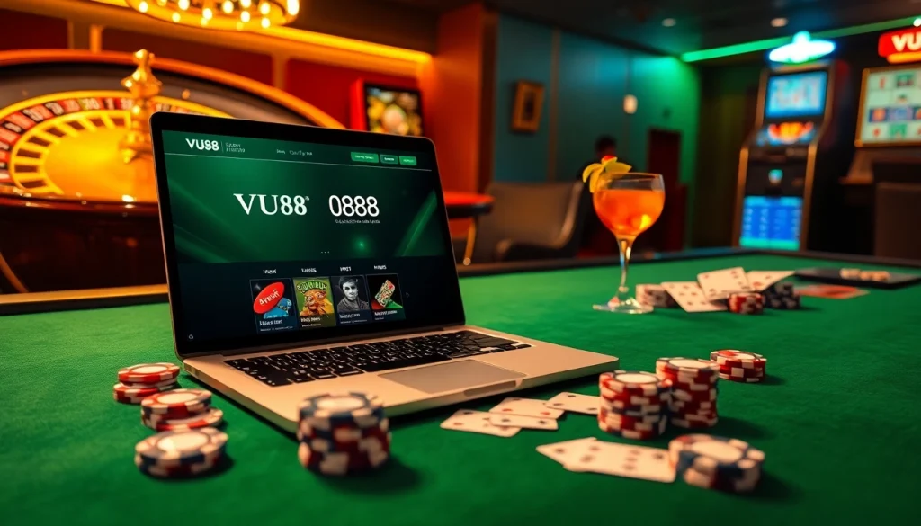 Engage with VU88's online platform showcasing poker chips, cards, and vibrant casino elements.