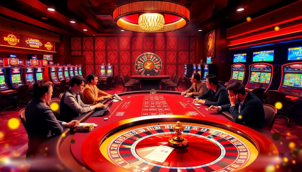 Experience high-stakes excitement at ee88's luxurious casino table surrounded by eager players.