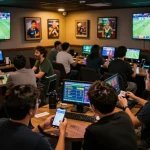 Fun88 app displayed on smartphone while patrons enjoy live sports betting in a vibrant lounge.
