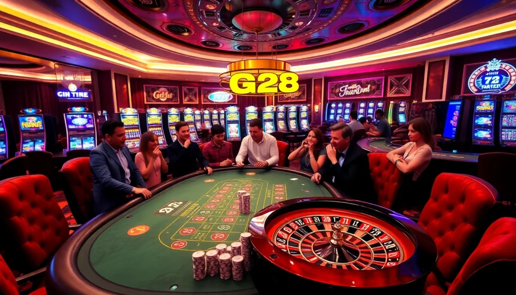 Experience the thrill at G28 casino with poker tables and vibrant slot machines in a luxury setting.