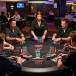 Players engage intensely in blackjack at https://vin88us.com/, showcasing strategic gameplay and vibrant atmosphere.