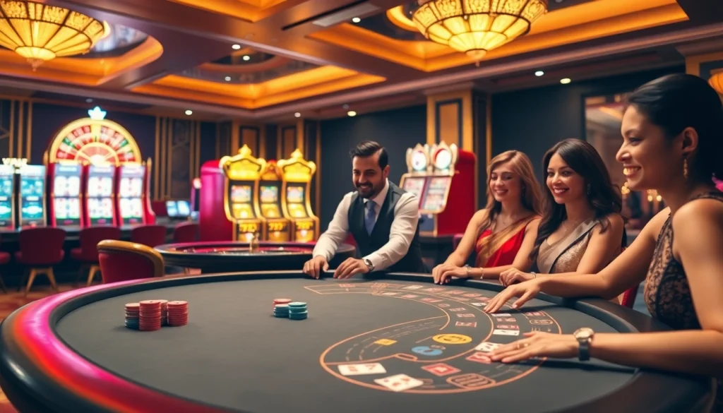 A vibrant casino scene showcasing U31's gaming excitement with players at poker tables and slot machines.
