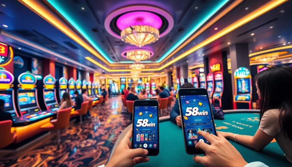 Exciting casino atmosphere featuring 58win branding with vibrant gaming options and live interaction.