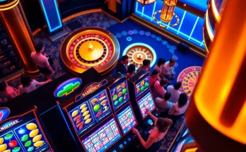 Spin to win in a vibrant nổ hũ casino scene with colorful slot machines and players.