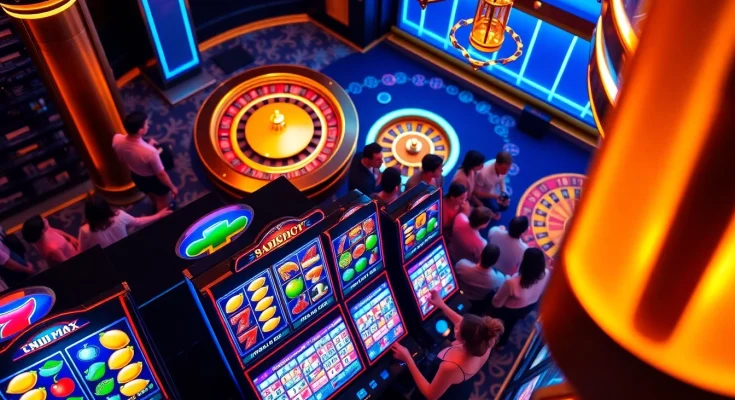 Spin to win in a vibrant nổ hũ casino scene with colorful slot machines and players.