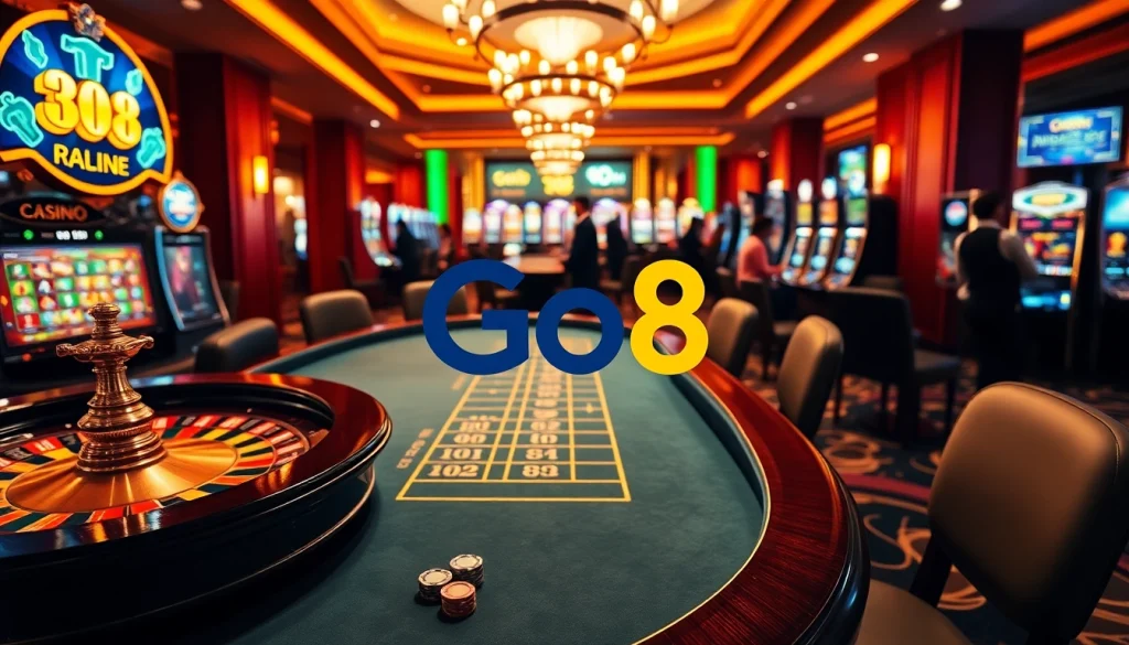 Experience the thrill of Go8's casino with vibrant poker tables and roulette wheels.