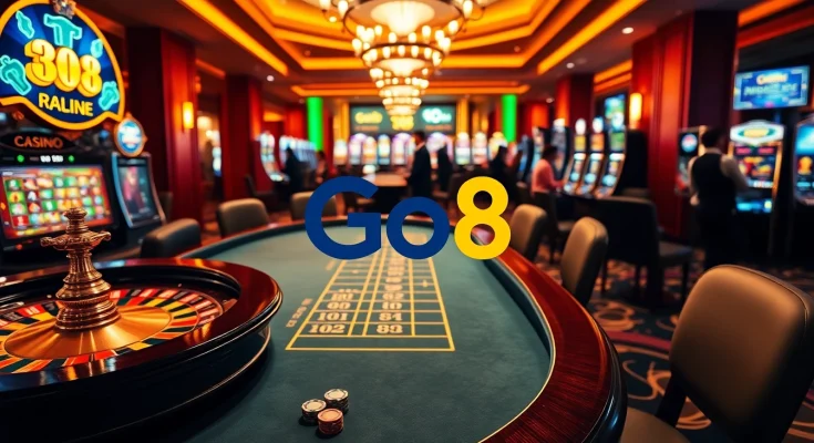 Experience the thrill of Go8's casino with vibrant poker tables and roulette wheels.