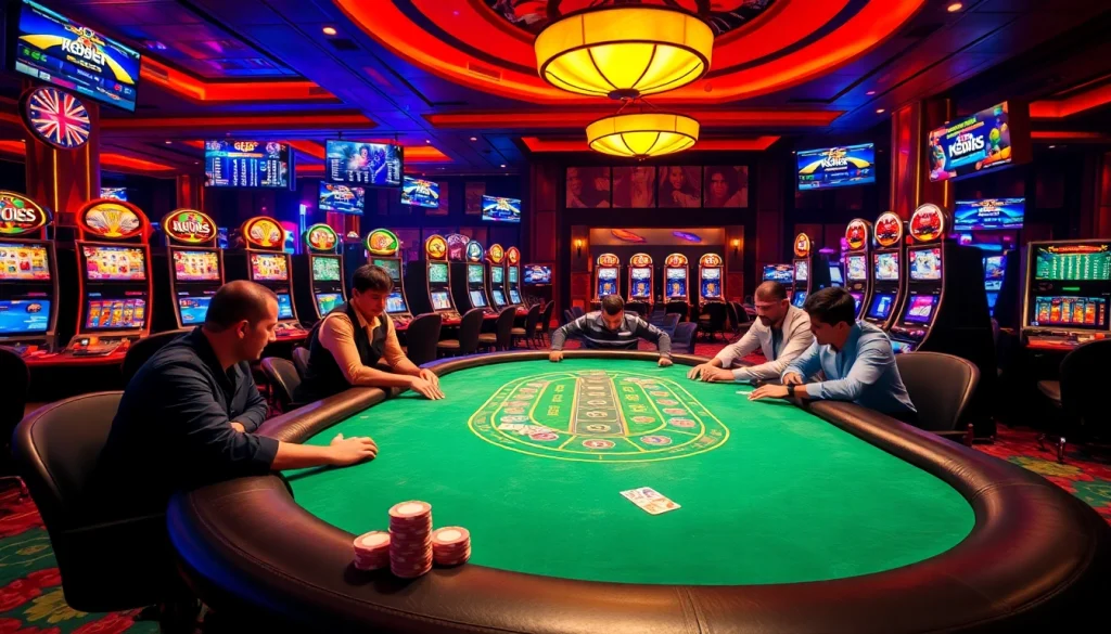 Experience the thrill of gaming at kbbet with vibrant poker tables and colorful slot machines.