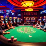 Experience the thrill of gaming at kbbet with vibrant poker tables and colorful slot machines.