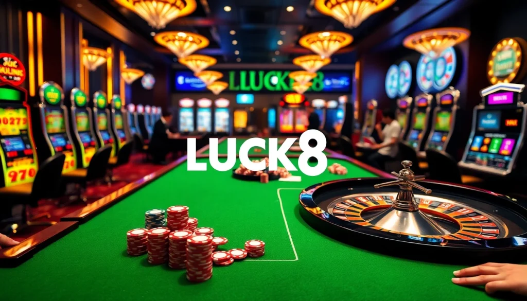 Engage with LUCK8's thrilling casino experience featuring a lively poker table and roulette wheel.