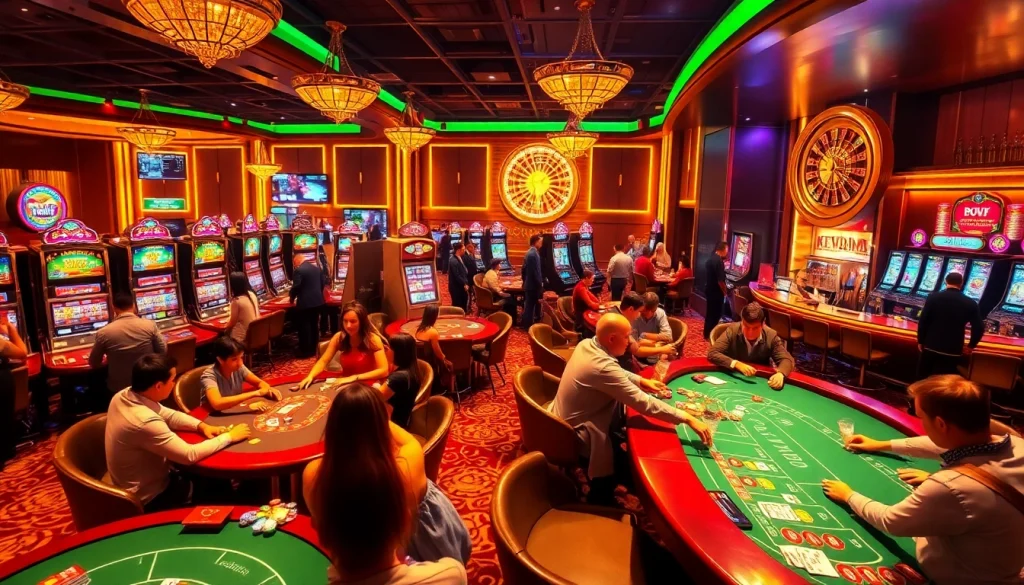 A lively casino scene with players at tables, emphasizing the luxury of newphim betting experiences.