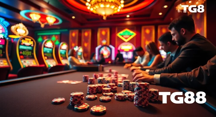 Experience the thrill of the TG88 casino with vibrant poker chips and roulette actions.