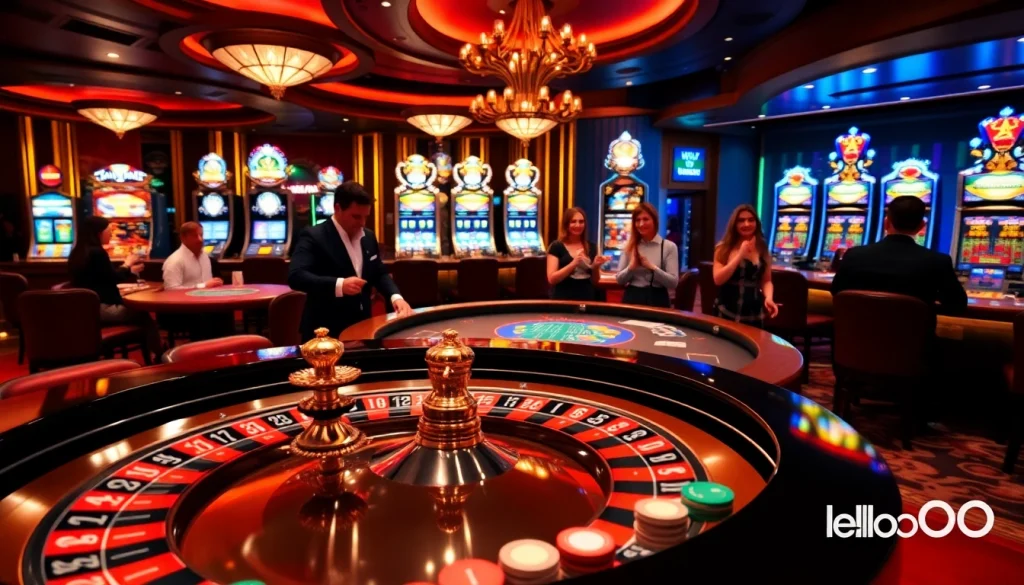 A thrilling gaming atmosphere at hello88 with vibrant casino tables and celebrating players.