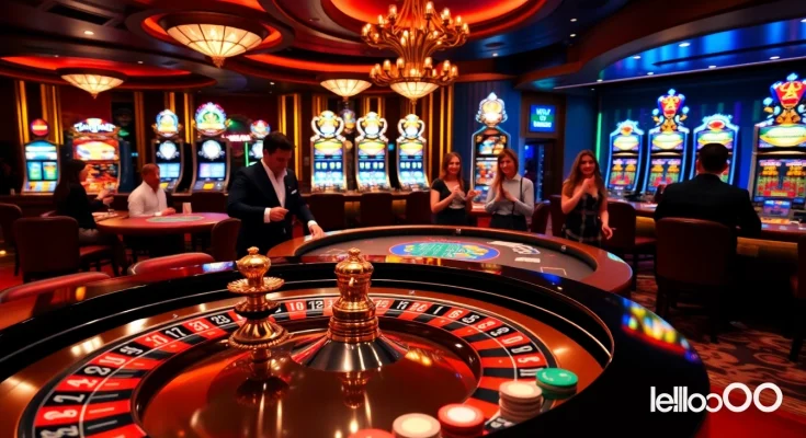 A thrilling gaming atmosphere at hello88 with vibrant casino tables and celebrating players.