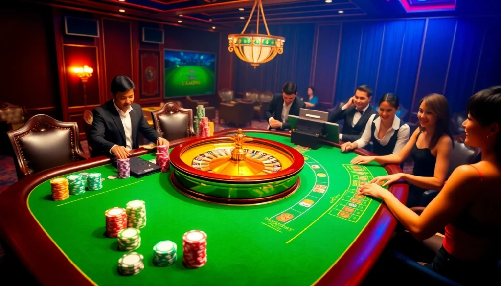 Engaging casino scene at https://f168.win/ showcasing poker chips and roulette wheel.