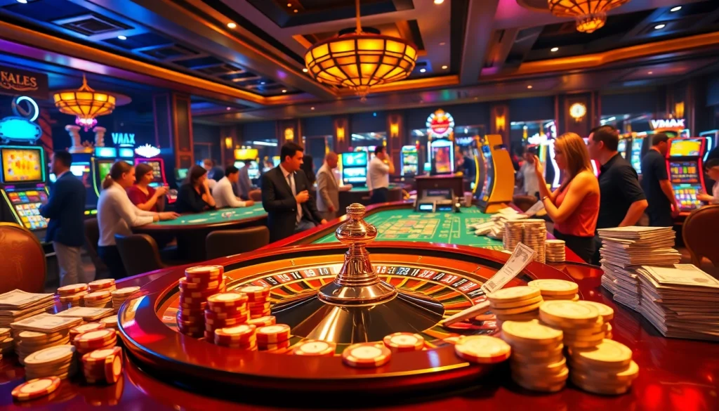Experience exciting gambling action at Vmax with professional dealers, poker chips, and vibrant roulette.