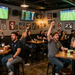 View of vibrant bar filled with fans watching kết quả bóng đá live, displaying excitement and engagement