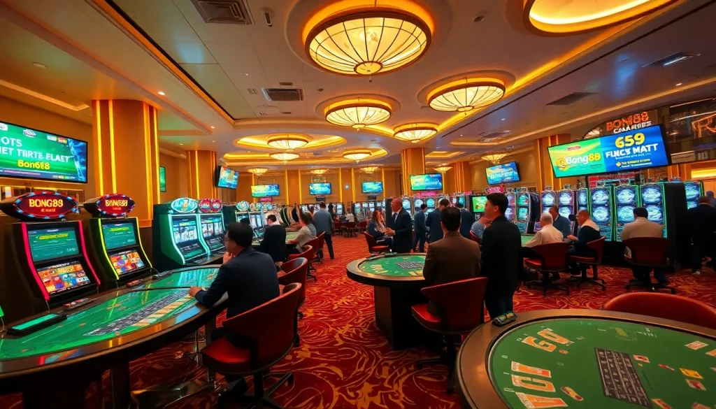Bong88 casino scene with vibrant gaming tables and excited players in a lively atmosphere.