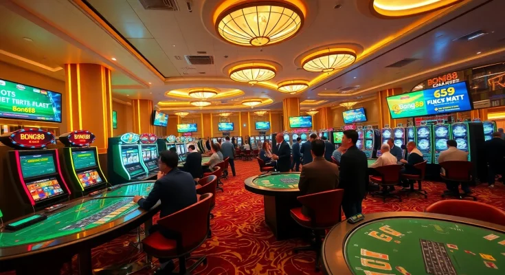 Bong88 casino scene with vibrant gaming tables and excited players in a lively atmosphere.