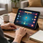 Engaging in poker gameplay on Nk88 app while strategizing with notes in a comfortable home setting.