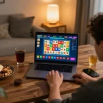 Lotto 9 4d player engaging with online game interface in a cozy home office setting