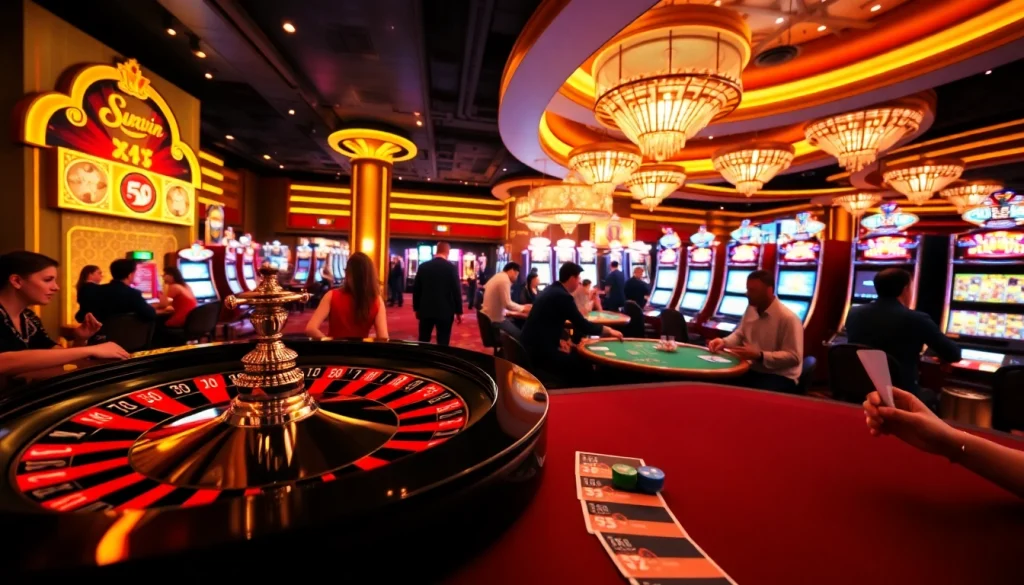 Sunwin casino ambiance featuring roulette, excited players, and vibrant gaming atmosphere.