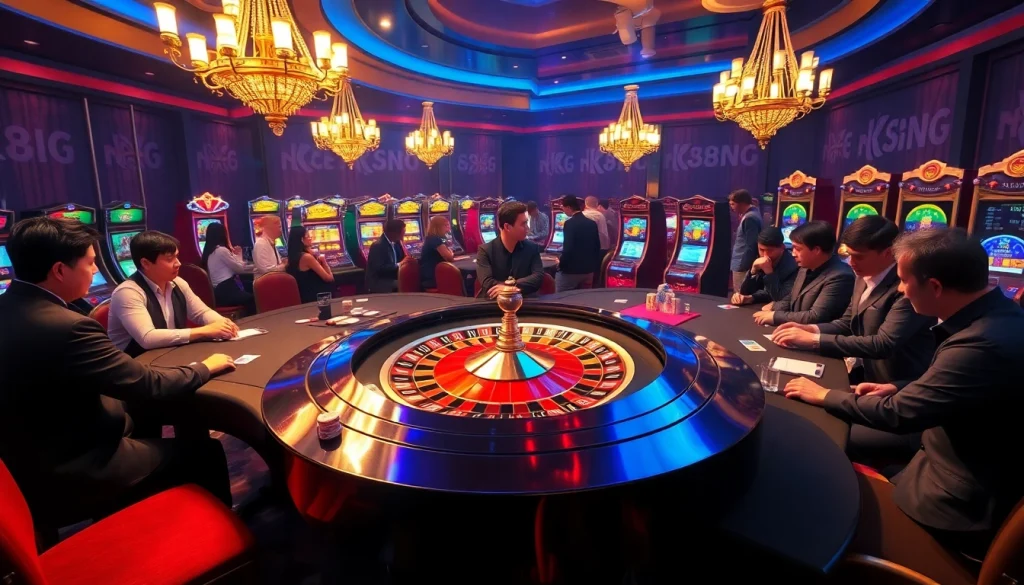 Engaging gamblers at a luxurious nk88 casino with roulette, poker tables, and vibrant slot machines.