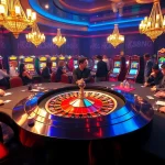 Engaging gamblers at a luxurious nk88 casino with roulette, poker tables, and vibrant slot machines.