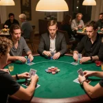 Engaged players at a friendly home poker game showcasing strategic gameplay at https://fabet3.net/ with competitive atmosphere
