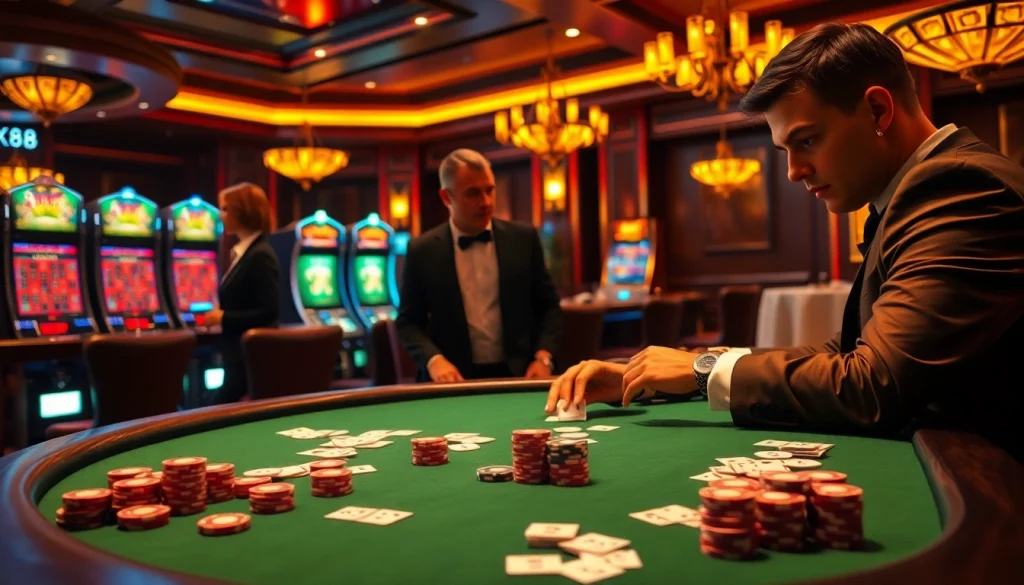 Engaging casino gameplay at https://x88.law/ with vibrant poker chips and illuminated slot machines.