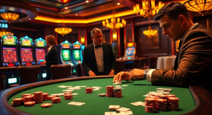 Engaging casino gameplay at https://x88.law/ with vibrant poker chips and illuminated slot machines.